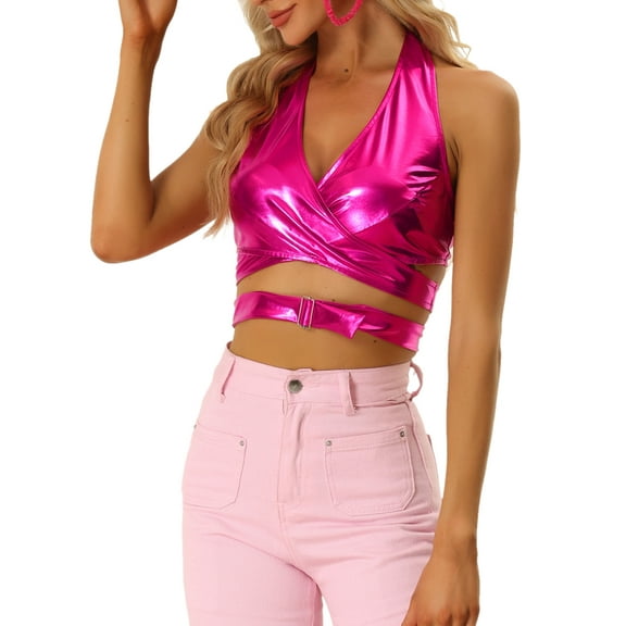 MODA NOVA Metallic Halter Neck Top for Juniors Deep V Neck Backless Holographic Crop Tops Hot Pink L