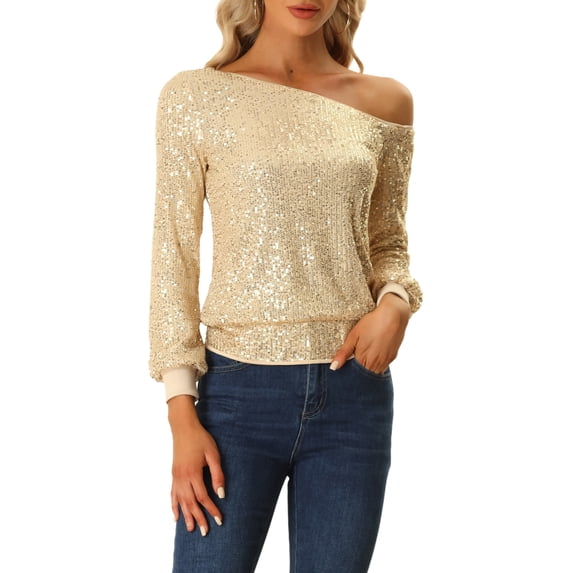 MODA NOVA Off Shoulder Sequins Tops for Juniors Long Sleeves Party Sparkle Glitter Top