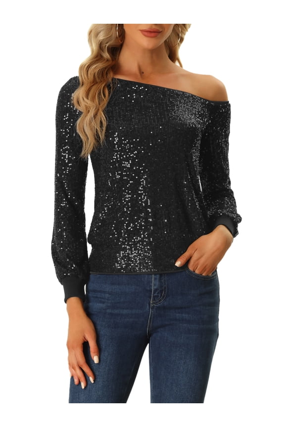 Off Shoulder Sequins Tops for Juniors Long Sleeves Party Sparkle Glitter Top