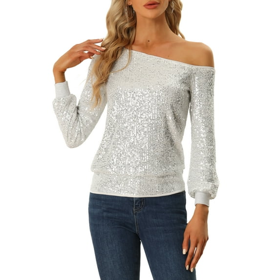MODA NOVA Off Shoulder Sequins Tops for Juniors Long Sleeves Party Sparkle Glitter Top