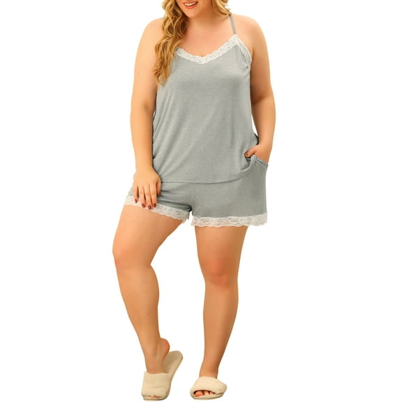 MODA NOVA Pajamas Set for Juniors Plus Size Cami Lace Panel Elastic Waist Shorts Sleepwear Loungewear Gray 3X