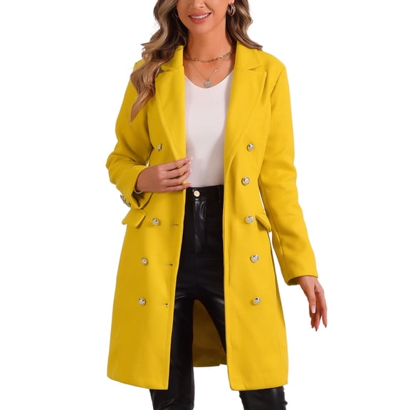 MODA NOVA Pea Coat for Juniors Notched Lapel Double Breasted Mid Long Winter Coats M Yellow