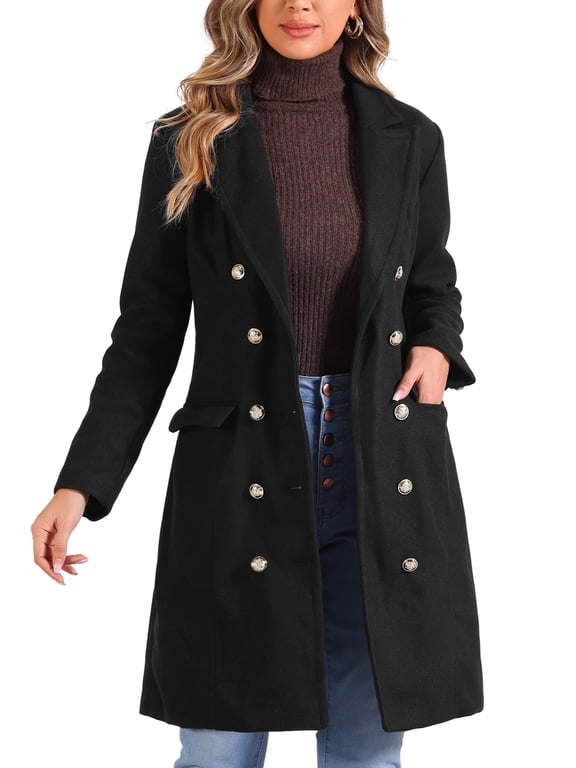 Pea Coat for Juniors Notched Lapel Double Breasted Mid Long Winter Coats S Black