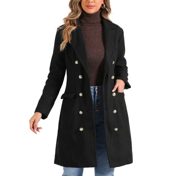 MODA NOVA Pea Coat for Juniors Notched Lapel Double Breasted Mid Long Winter Coats XS Black