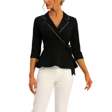 MODA NOVA Peplum Tops for Juniors Tie Waist Notch Lapel Collar Blouse Black S