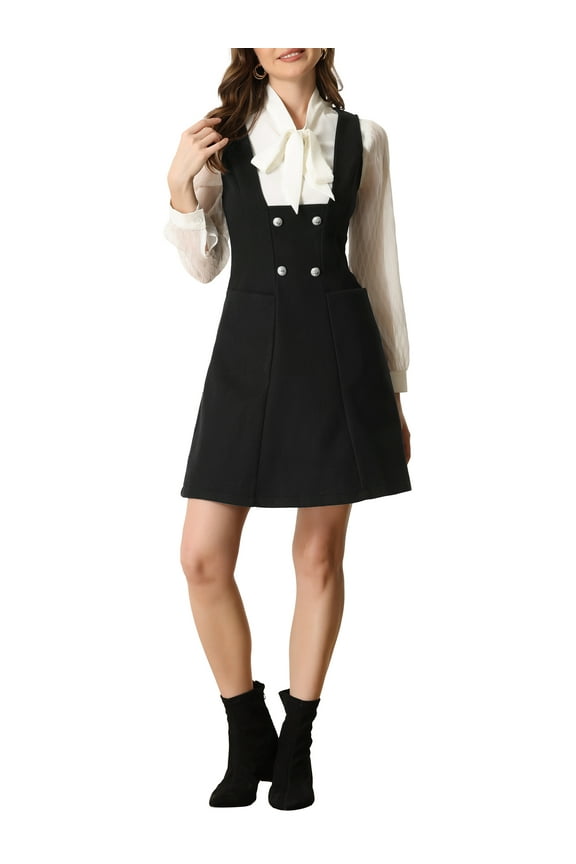 Pinafore Dress for Juniors A-Line Double Breasted Overalls Suspenders