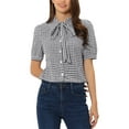 thumbnail image 1 of MODA NOVA Plaid Blouse for Juniors' Bow Tie Neck Puff Short Sleeve Gingham Shirt Tops, 1 of 5