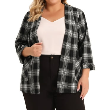 MODA NOVA Plus Size Blazer for Juniors Plaid Jacket Suits 3/4 Sleeves Work Office Blazers Black 1X