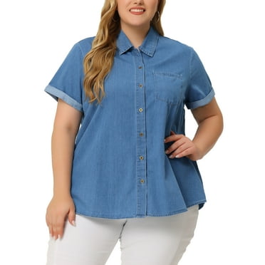 MODA NOVA Plus Size Button Down Shirt for Juniors Denim Roll Sleeve Stand Collar Chambray Shirts Top