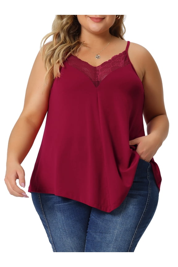 Plus Size Cami Tank for Juniors V-Neck Lace Front Camisole Spaghetti Strap Sleeveless Tops