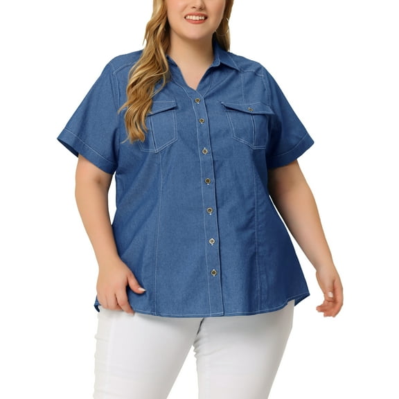 MODA NOVA Plus Size Chambray Shirt for Juniors Denim Western Shirts Short Sleeve Button Down Tops Dark Blue 1X