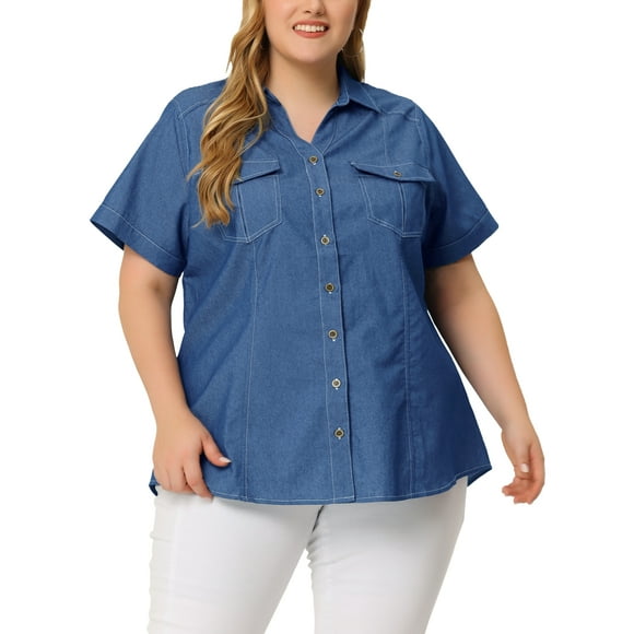 MODA NOVA Plus Size Chambray Shirt for Juniors Denim Western Shirts Short Sleeve Button Down Tops Dark Blue 1X