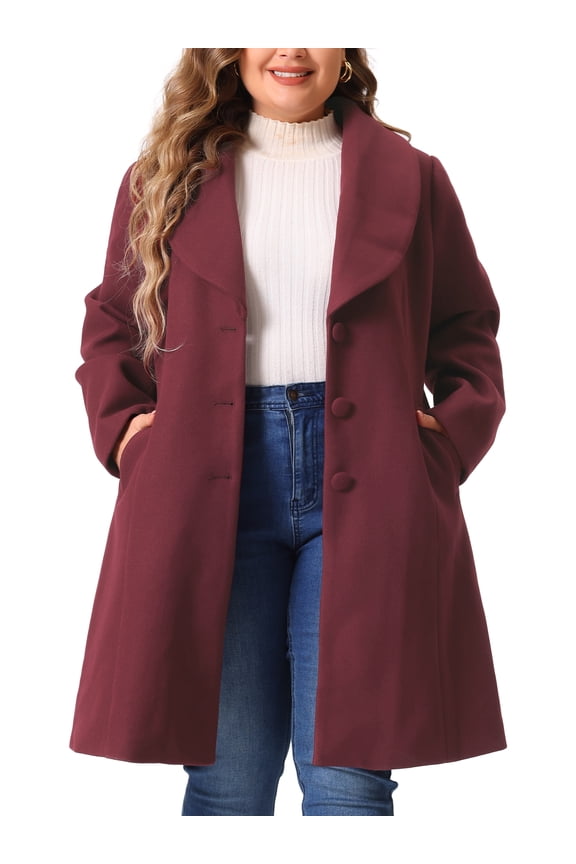 Plus Size Coat for Juniors Notched Shawl Collar Outerwear Single Breasted Coat 1X Burgundy