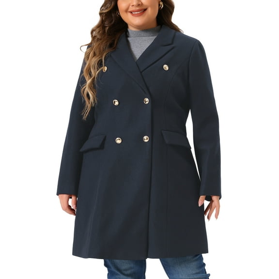 MODA NOVA PlusĀ SizeĀ Coats Ā forĀ Junior Double Breasted Notch Lapel Winter Long Trench Pea Coats 1X Navy Blue