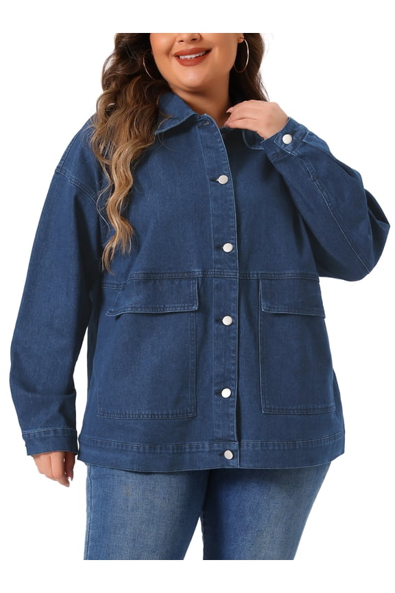 Plus Size Denim Jacket for Juniors Casual Long Sleeve Jean Jacket Top Coat with Pockets 2X Dark Blue