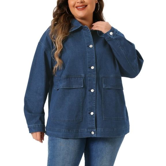 MODA NOVA Plus Size Denim Jacket for Juniors Casual Long Sleeve Jean Jacket Top Coat with Pockets 4X Dark Blue