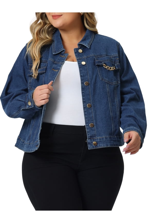 Plus Size Denim Jacket for Juniors Chain Button Jean Outwear Long Sleeve Jackets
