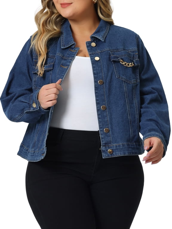 Plus Size Denim Jacket for Juniors Chain Button Jean Outwear Long Sleeve Jackets