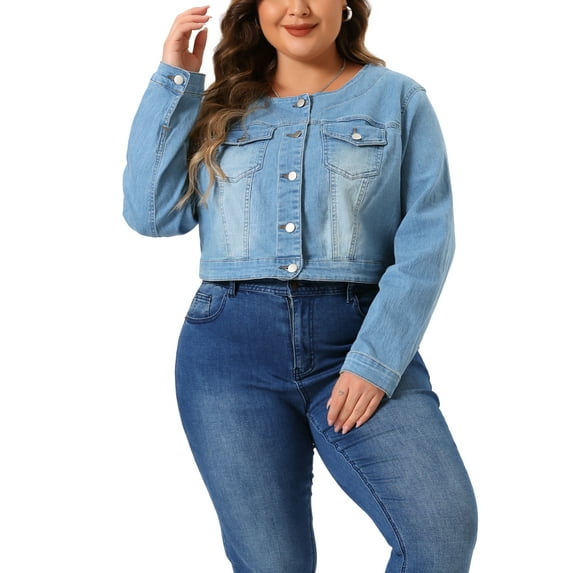 MODA NOVA Plus Size Denim Jackets for Juniors Collarless Chest Pockets Button Down Crop Jean Jacket 1X Light Blue