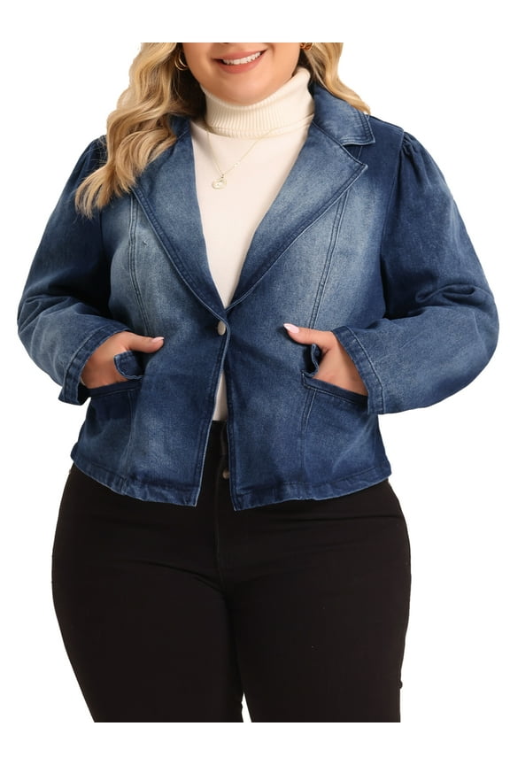 Plus Size Denim Jackets for Juniors Jean Notched Lapel Work Blazers Dark Blue 1X