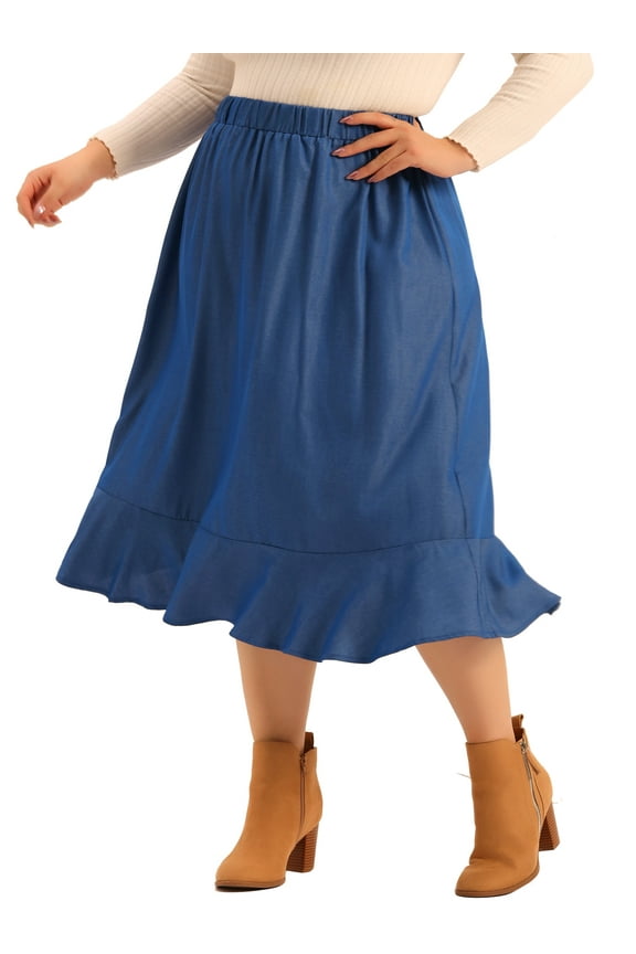 Plus Size Midi Skirt for Juniors Elastic Waist Denim Tiered Pleated Hem Chambray Skirts Blue 3X