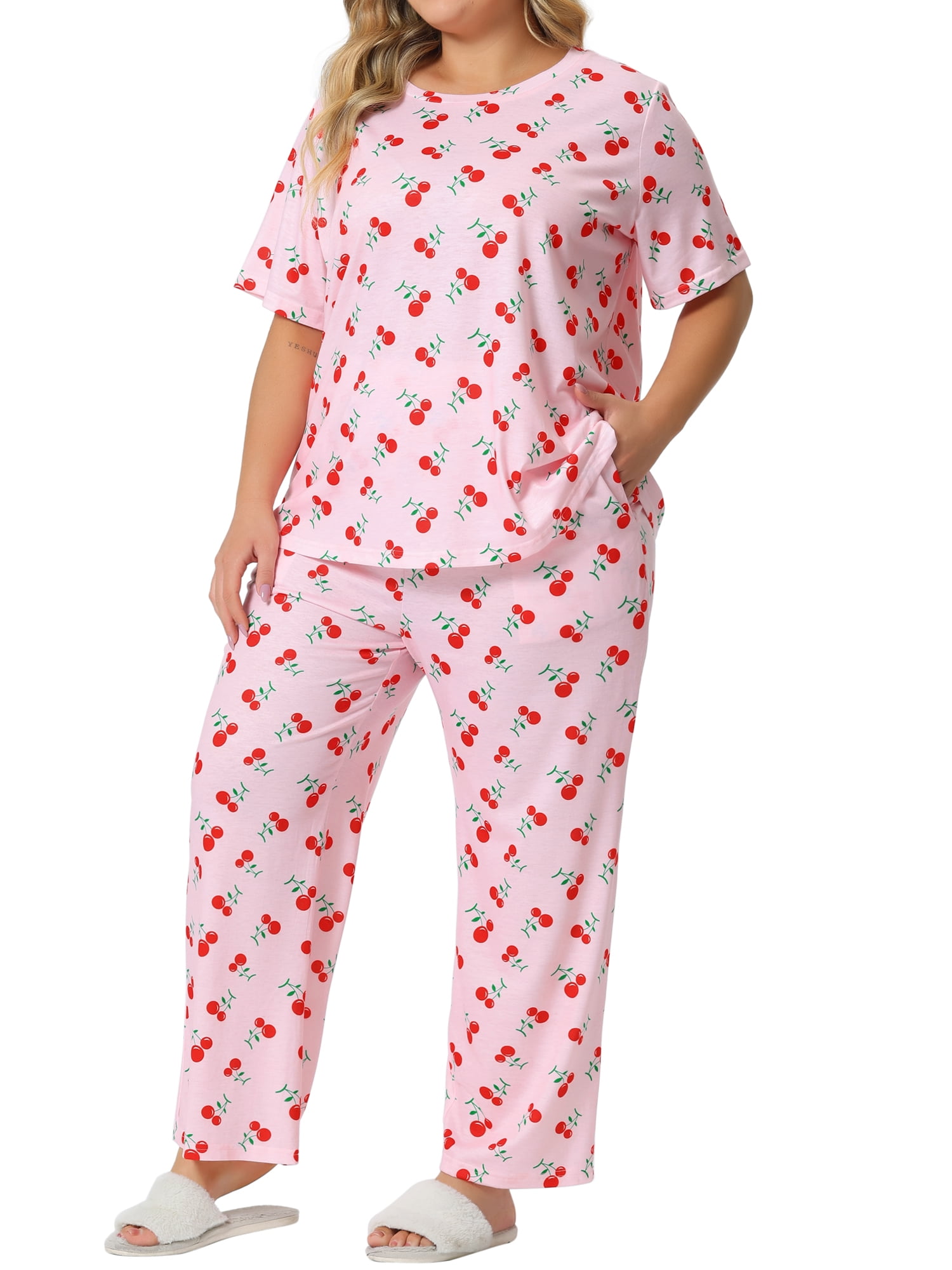 MODA NOVA Plus Size Pajama Set for Juniors Short Sleeve Cherry Print Elastic Soft Pockets Nightwear Sleepwear