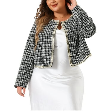 MODA NOVA Plus Size Plaid Tweed Blazer for Juniors Collarless Long Sleeve Open Front Short Jacket 1X Black