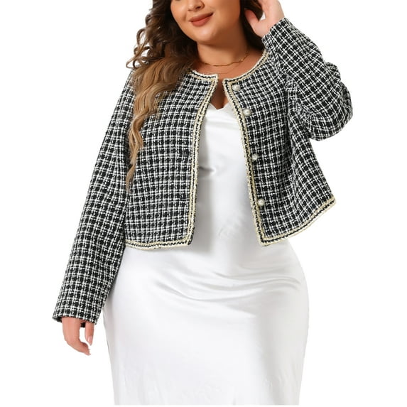 MODA NOVA Plus Size Plaid Tweed Blazer for Juniors Collarless Long Sleeve Open Front Short Jacket 4X Black
