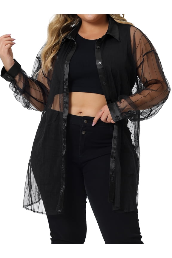 Plus Size Shirt for Juniors Mesh Sheer Long Sleeve Button Down See Through Tops Blouses