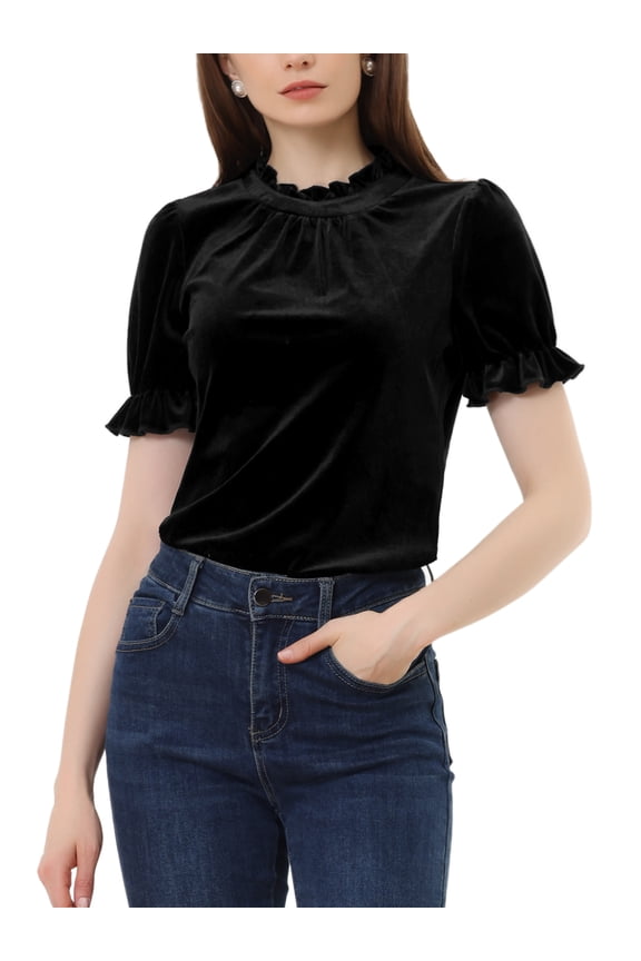 Ruffle Collar Shirt for Juniors Short Sleeve Velvet Tops Blouse