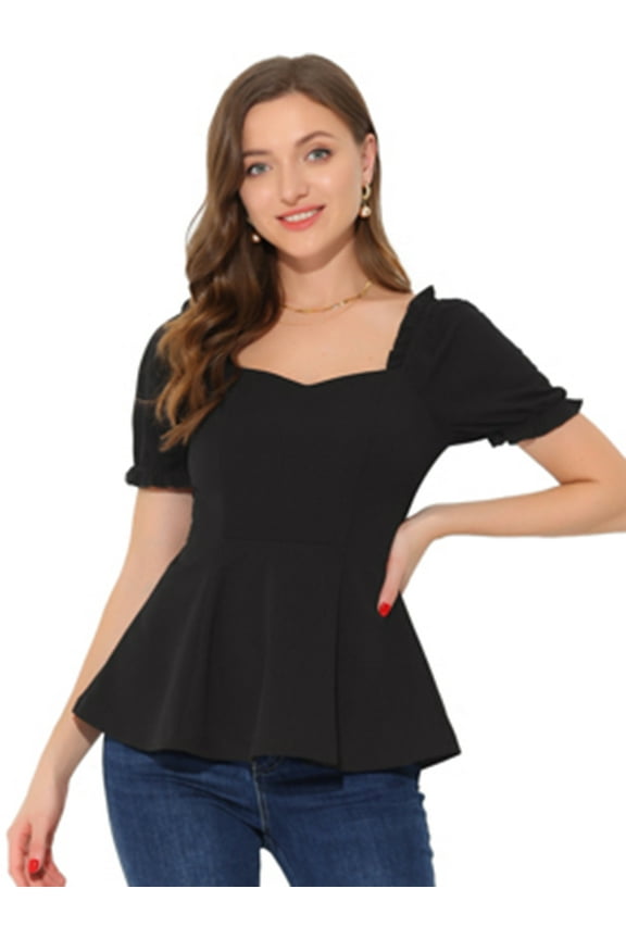 Ruffle Peplum Top for Juniors’s Sweetheart Neck Puff Sleeve Elegant Office Work Blouse Black S