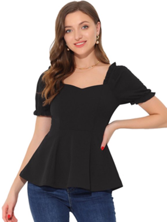 Ruffle Peplum Top for Juniors’s Sweetheart Neck Puff Sleeve Elegant Office Work Blouse Black XS