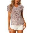 thumbnail image 1 of INSPIRE CHICWomen's Ruffle V Neck Short Sleeve Casual Button Down Floral Blouse Pink XS, 1 of 5