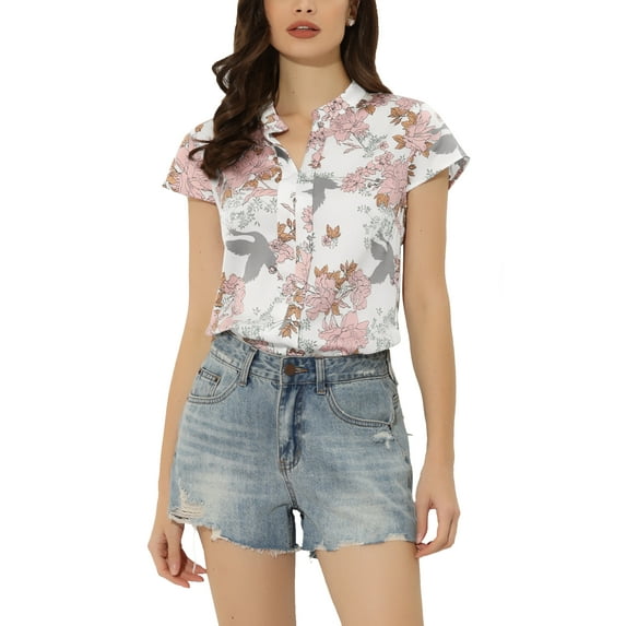 MODA NOVA Satin Blouse for Juniors Stand Collar Floral Silky Work Blouse Top White S