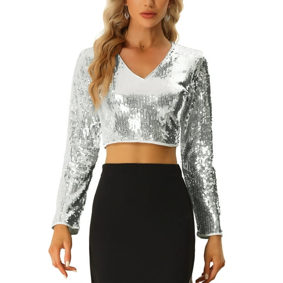 MODA NOVA Sequin Crop Top for Juniors Long Sleeve V Neck Sparkly Shiny Party Blouse