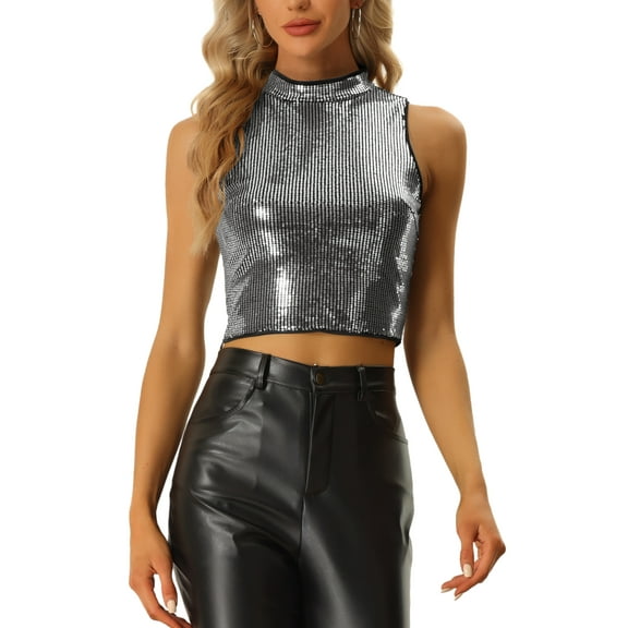 MODA NOVA Sequin Top for Juniors Sleeveless Party Metallic Sparkly Tops Dark Silver XL