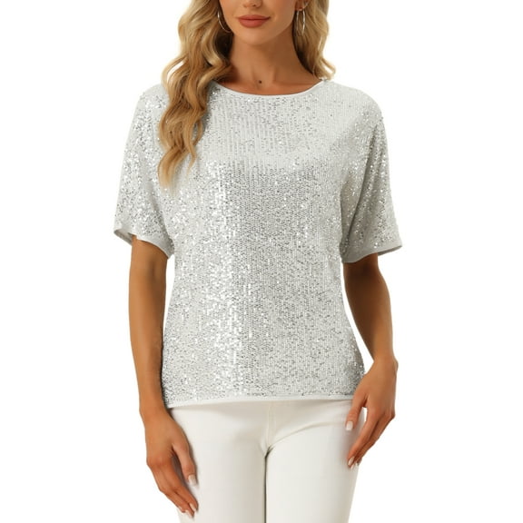 MODA NOVA Sequin Tops for Juniors Round Neck Short Sleeve Party Clubwear Blouses Silver S
