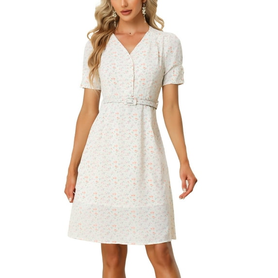 MODA NOVA Spring Summer Floral Dress for Juniors Short Sleeve V Neckline Belted Knee Lenth Midi Dress