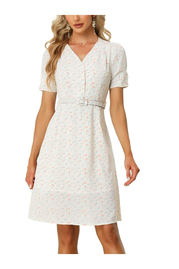 Spring Summer Floral Dress for Juniors Short Sleeve V Neckline Belted Knee Lenth Midi Dress
