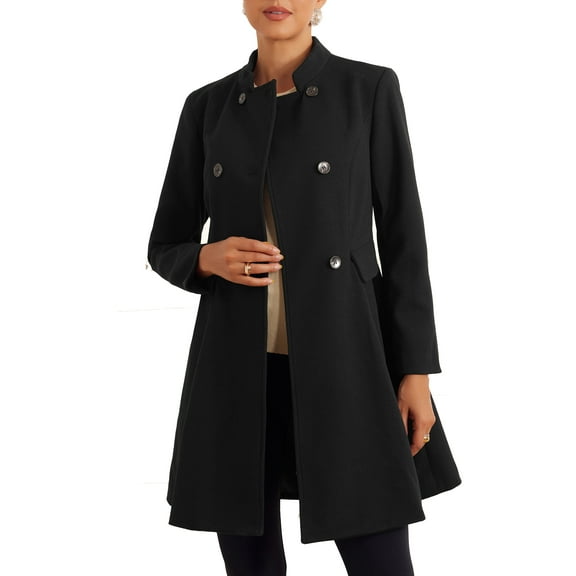 MODA NOVA Stand Collar Coat for Juniors Double Breasted Pocket Long Sleeve Winter Coats L Black