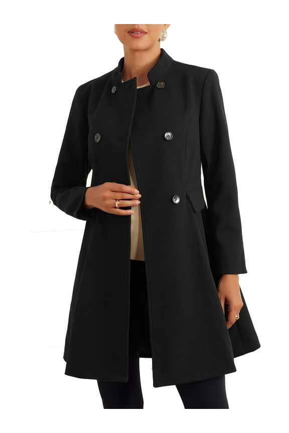 Stand Collar Coat for Juniors Double Breasted Pocket Long Sleeve Winter Coats L Black