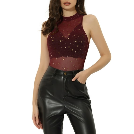 MODA NOVA Star Mesh Crop Top for Juniors' Mock Neck Sleeveless See Through Party Tank Tops
