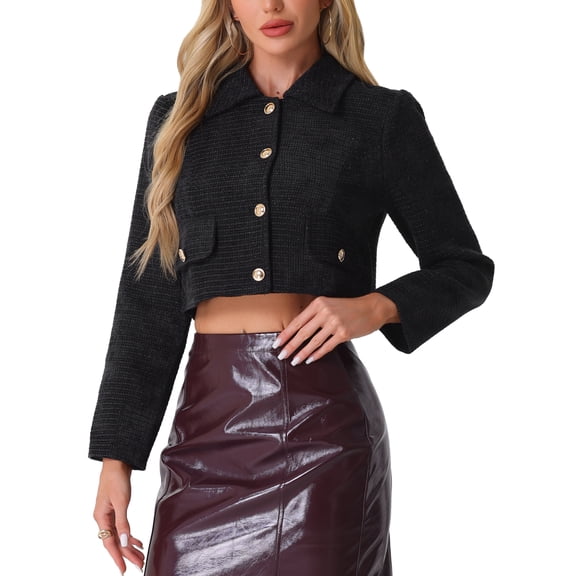 MODA NOVA Tweed Blazer for Juniors Short Suit Long Sleeve Crop Jacket XL Black