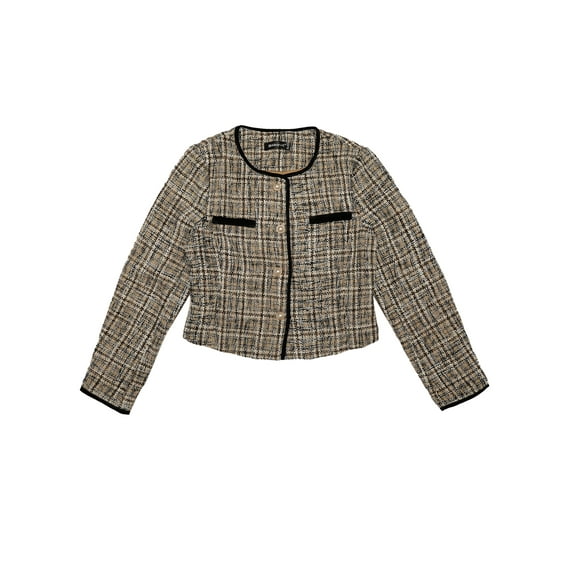 MODA NOVA Tweed Jacket for Juniors Round Neck Button Front Closure Long Sleeve Apricot XL