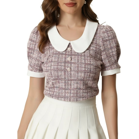 MODA NOVA Tweed Top for Juniors Button Decor Peter Pan Collar Blouse