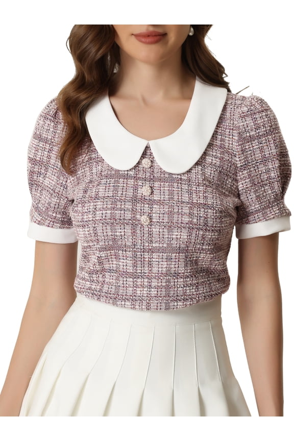Tweed Top for Juniors Button Decor Peter Pan Collar Blouse
