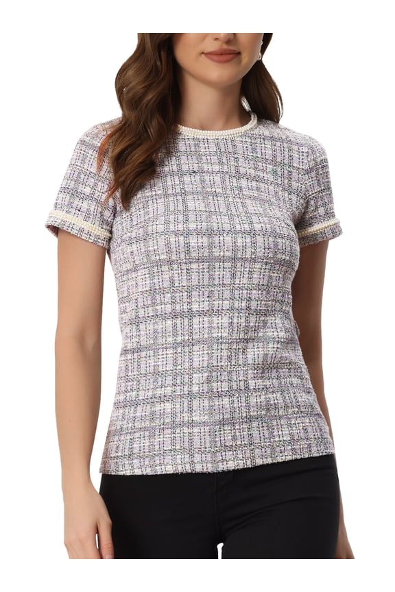 Tweed Top for Juniors Casual Round Neck Pearl Decoration Short Sleeve Blouse