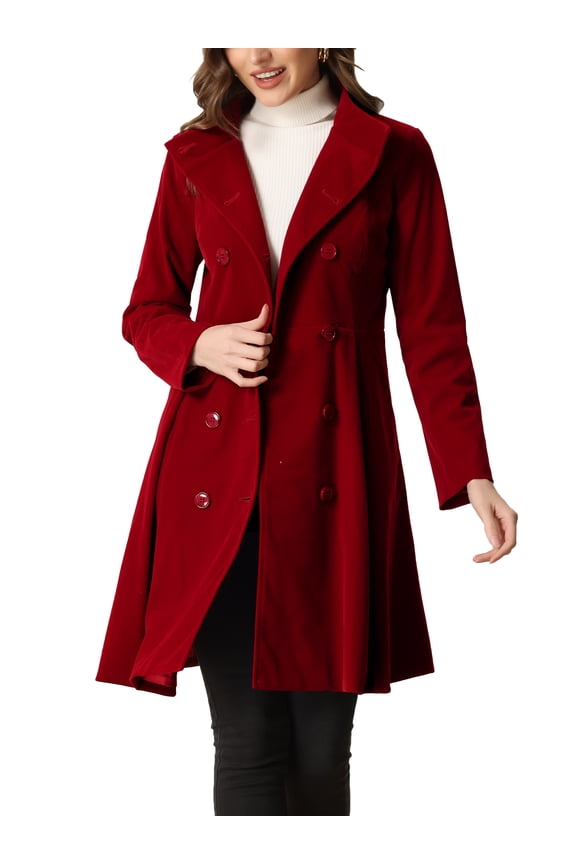 Velvet A-Line Coat for Juniors Stand Collar Double Breasted Winter Trench Coats Dark Red XL