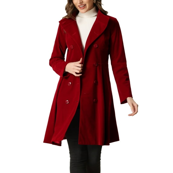 MODA NOVA Velvet A-Line Coat for Juniors Stand Collar Double Breasted Winter Trench Coats Dark Red XS
