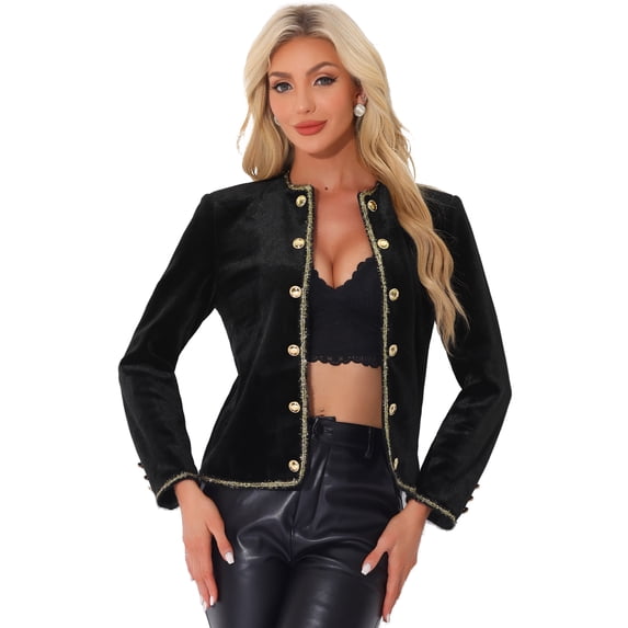 MODA NOVA Velvet Jacket for Junior's Elegant Collarless Cropped Work Open Front Blazer Black M